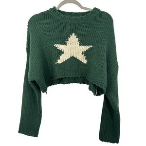 Edikted Green Star Cropped Chunky Knit Sweater Crew Neck Long Sleeve Pullover